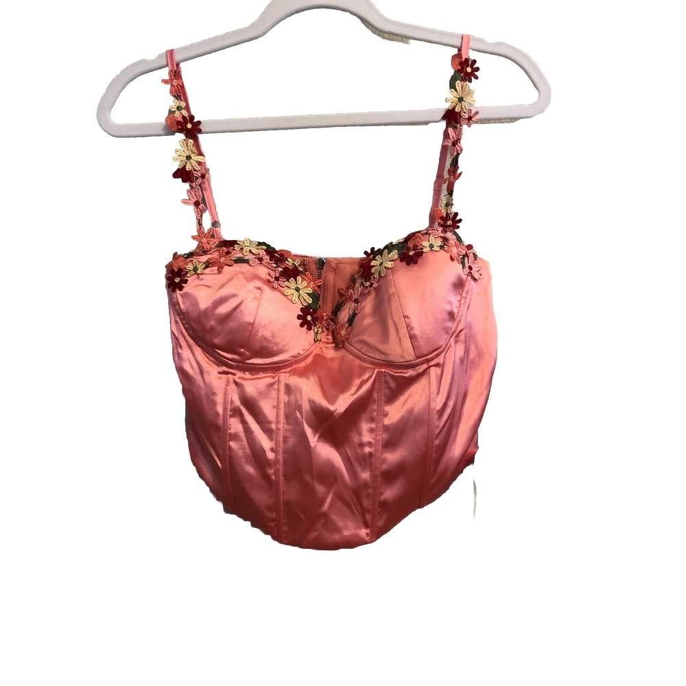 New Parthea Womens Top Small Pink Cami Crop Satin Bustier Corset Cami Floral